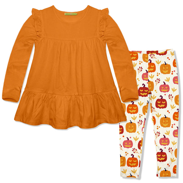 Orange Ruffle-Hem Long-Sleeve Top & Cream Pumpkins Leggings