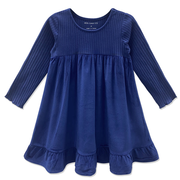 Navy Ribbed Velour Baby-Doll Dress