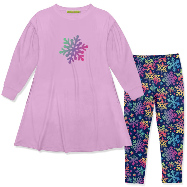 Lilac Sweatshirt Dress & Rainbow Snowflakes Leggings