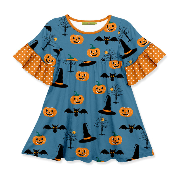 Teal & Orange Jack-O'-Lanterns & Witch Hats A-Line Dress