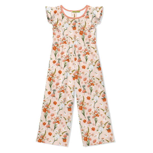 Kids Light Pink Small Flower Angel-Sleeve Overalls