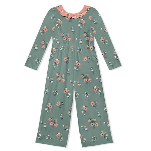 Slate Green Picadilly Florals Ruffle-Neck Overalls