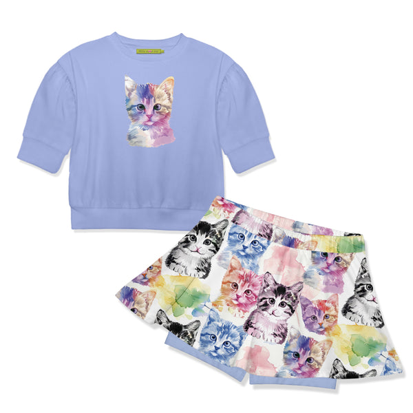 Periwinkle Crewneck Sweatshirt & Watercolor Cats Skort