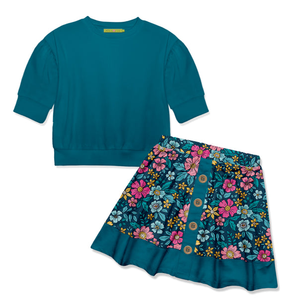 Teal Crewneck Top & Tasha Floral Button Skirt