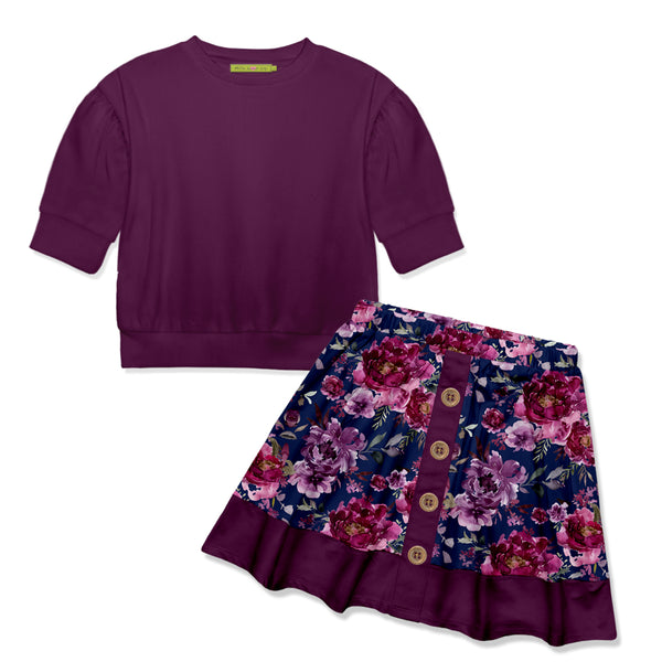 Plum Crewneck Top & Tory Floral Button Skirt