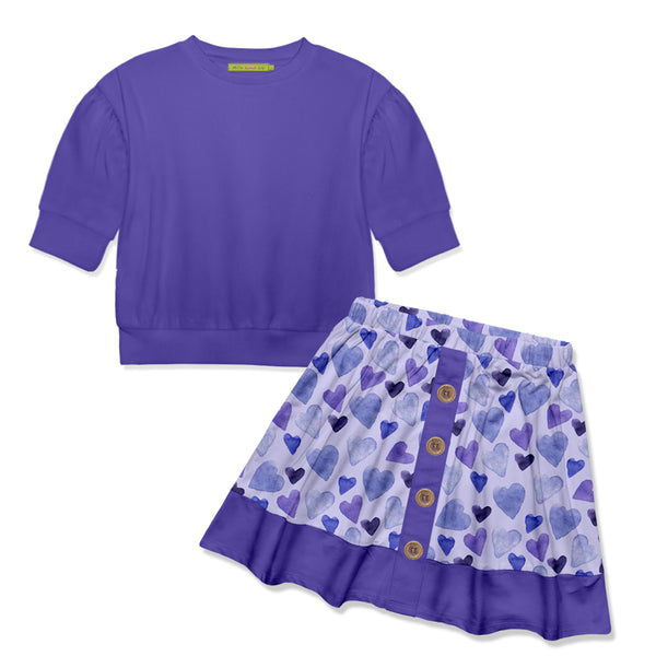 Blue Iris Crewneck Top & Hearts Button Skirt