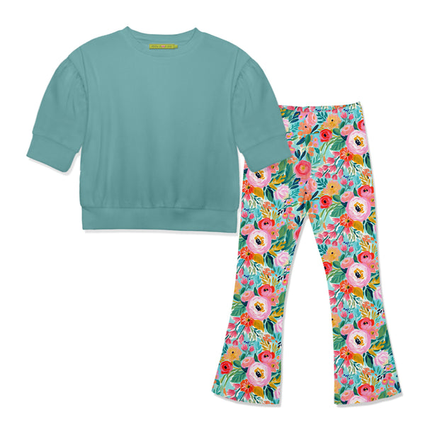 Nile Blue Crewneck Sweatshirt & Floral Flare Leggings