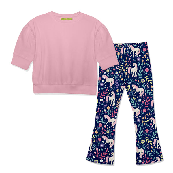 Dusty Pink Crewneck Sweatshirt & Unicorn Flare Leggings