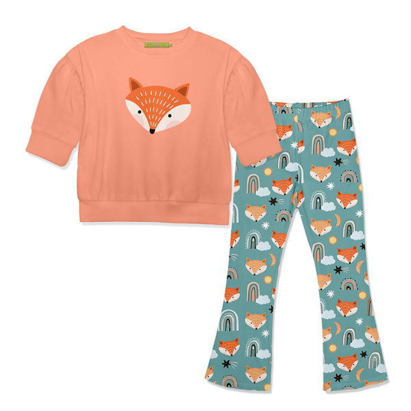 Kids Coral Crewneck Top & Rainbow Fox Flare Leggings