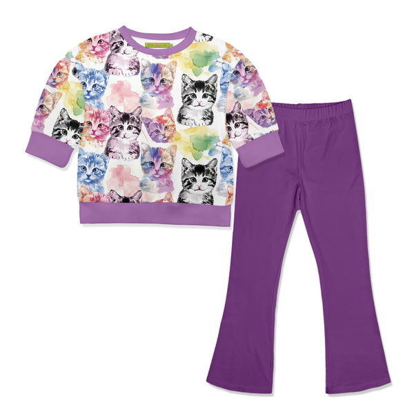 Watercolor Cats Top & Dark Purple Flare Leggings