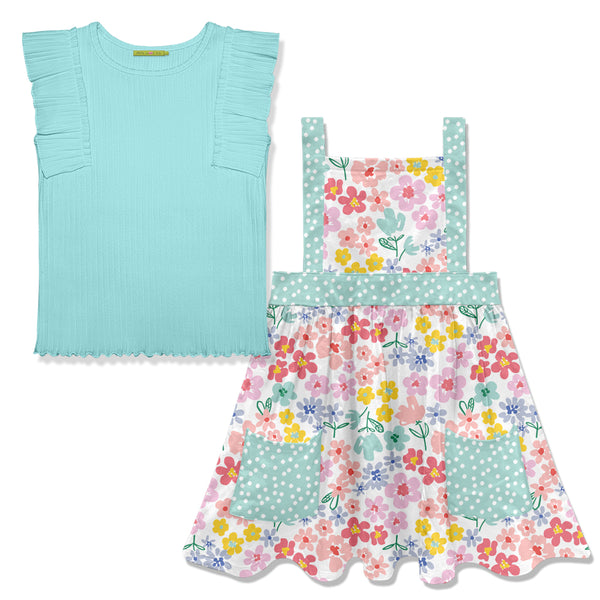 Mint Ribbed Ruffle Sleeveless Top & Meadow Floral Sleeveless Dress