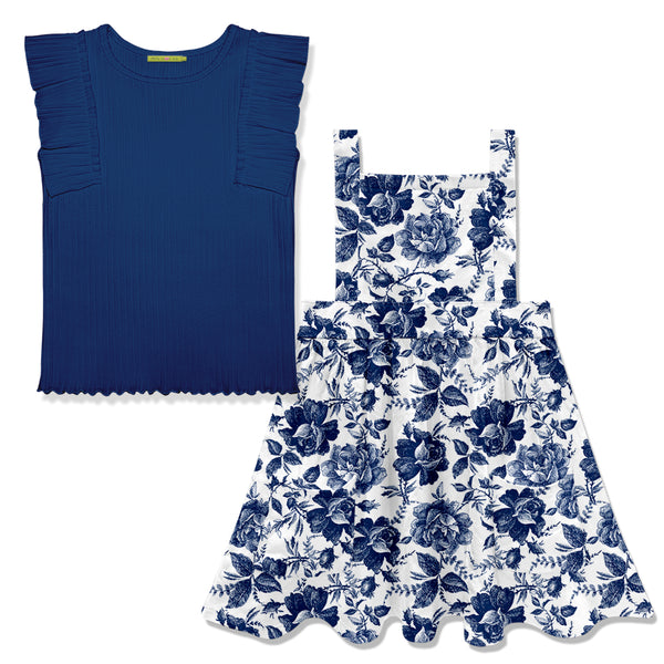 Navy Ribbed Ruffle Sleeveless Top & Toile Floral Sleeveless Dress