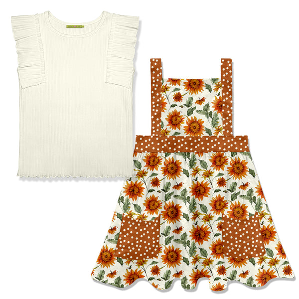 Cream Ribbed Ruffle Sleeveless Top & Sunflower Sleeveless Dress