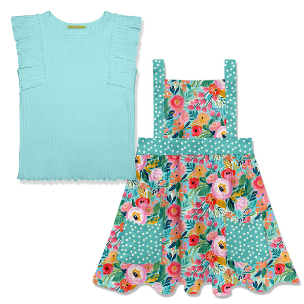 Mint Ribbed Ruffle Sleeveless Top & New Floral Sleeveless Dress