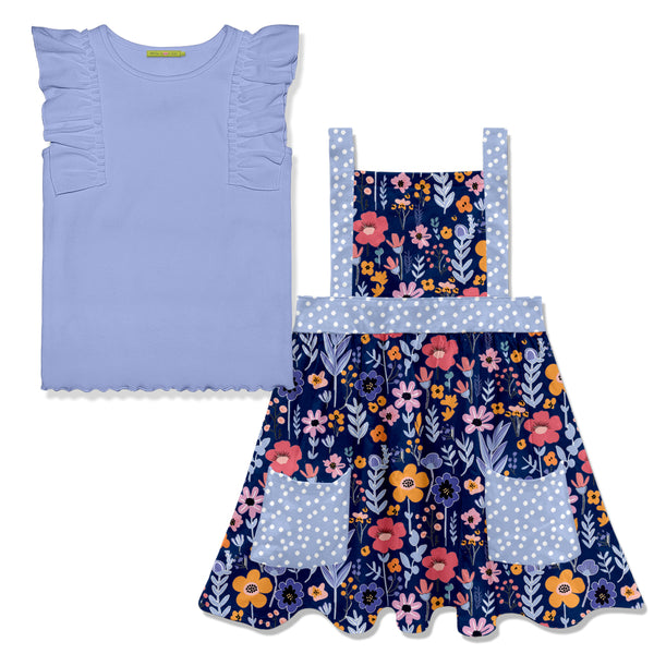 Periwinkle Ribbed Ruffle Sleeveless Top & Floral Sleeveless Dress