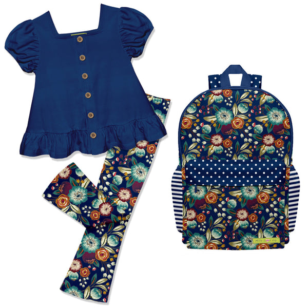 Kids Navy Puff-Sleeve Top & Famous Floral Leggings Backpack Set