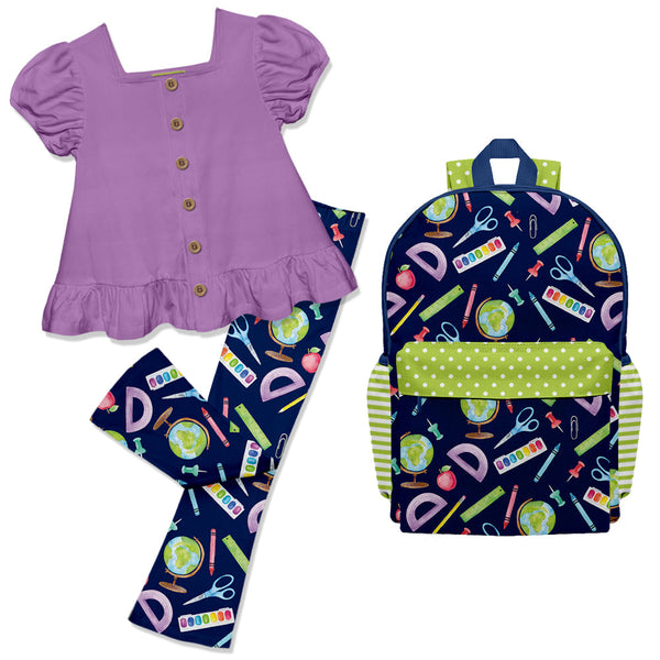 Kids Purple Puff-Sleeve Top & Globe Leggings Backpack Set