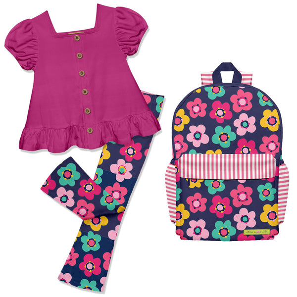 Kids Rose Violet Puff-Sleeve Top & Block Floral Leggings Backpack Set