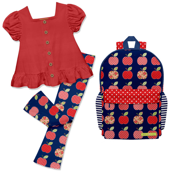 Kids Red Puff-Sleeve Top & Apple Leggings Backpack Set