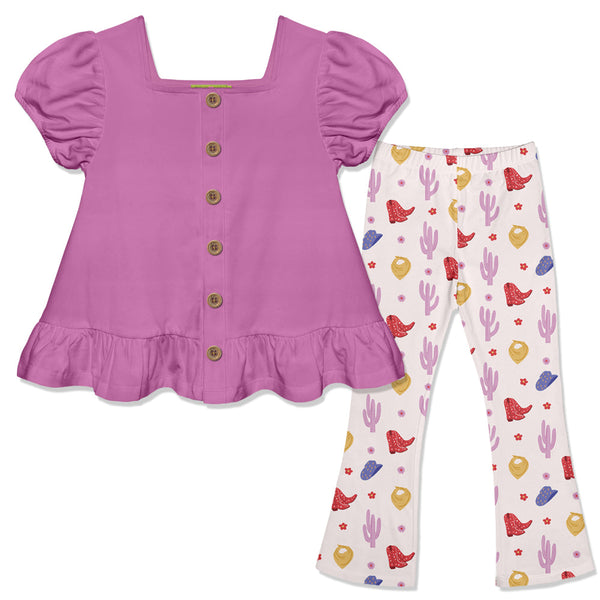 Kids Purple Puff-Sleeve Top & Western Cactus Flare Leggings