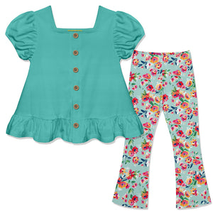 Kids Green Puff-Sleeve Top & Becky Floral Flare Leggings