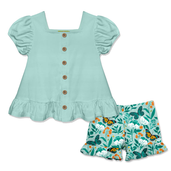 Mint Puff-Sleeve Top & Butterfly Betty Ruffle Shorts