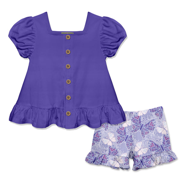 Blue Iris Puff-Sleeve Top & Butterfly Jewel Ruffle Shorts