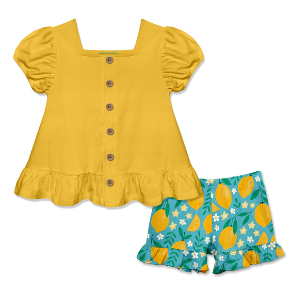 Yellow Puff-Sleeve Top & Lemon Lush Ruffle Shorts