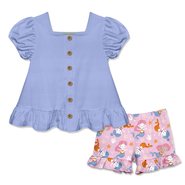 Periwinkle Puff-Sleeve Top & Mermaid Swim Ruffle Shorts