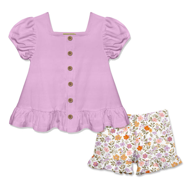 Lilac Puff-Sleeve Top & Beatrice Floral Ruffle Shorts