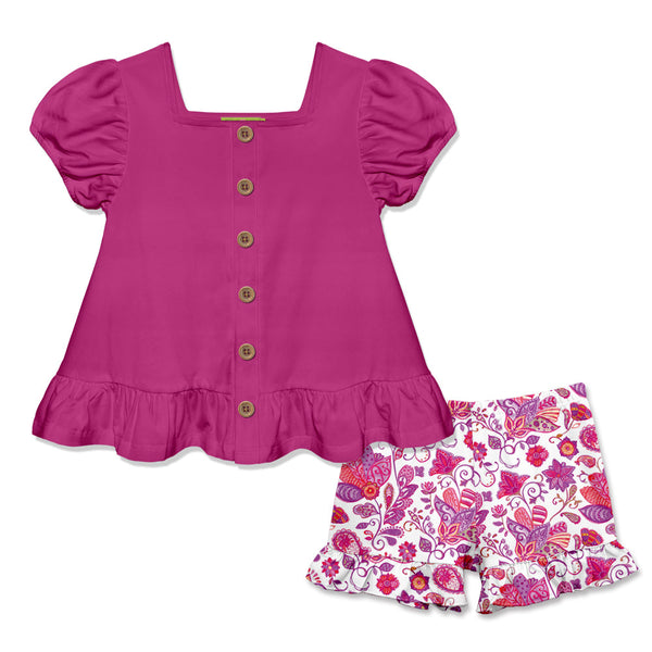 Rose Violet Puff-Sleeve Top & Priscilla Paisley Ruffle Shorts