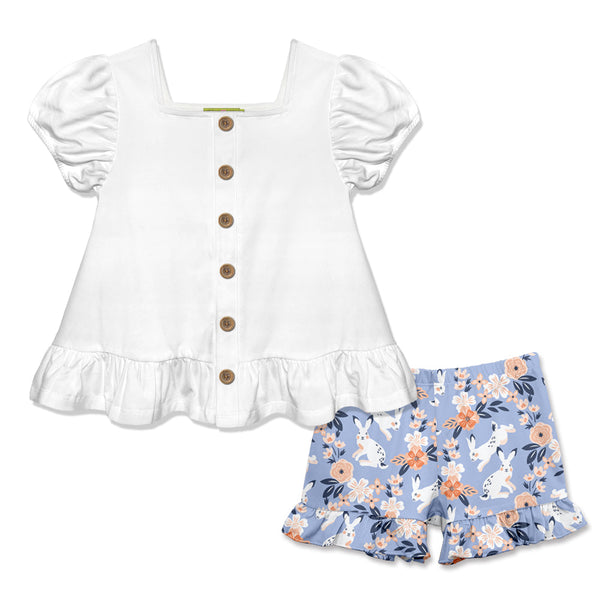 White Puff-Sleeve Top & Bunny Meadow Ruffle Shorts