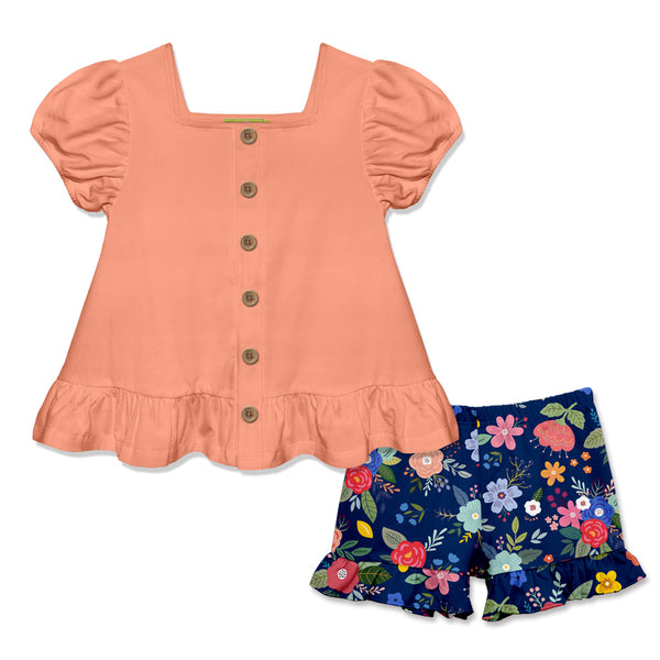 Coral Puff-Sleeve Top & Four Florals Ruffle Shorts