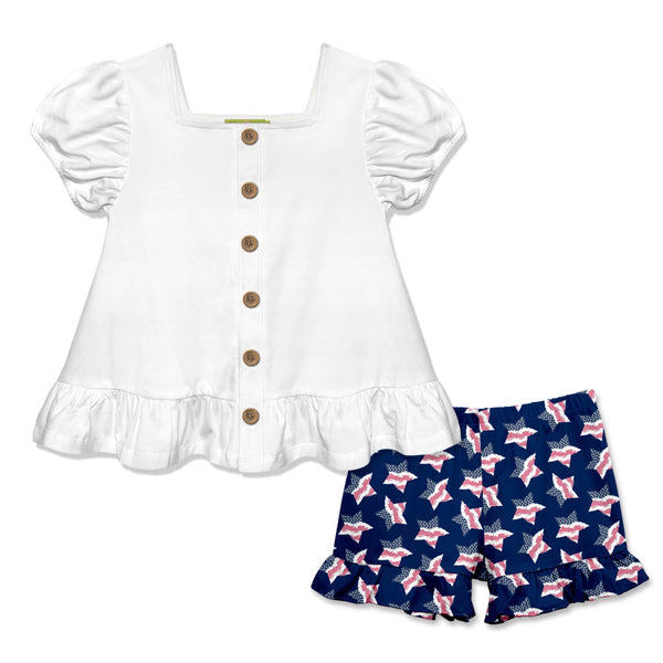 White Puff-Sleeve Top & Star Ruffle Shorts