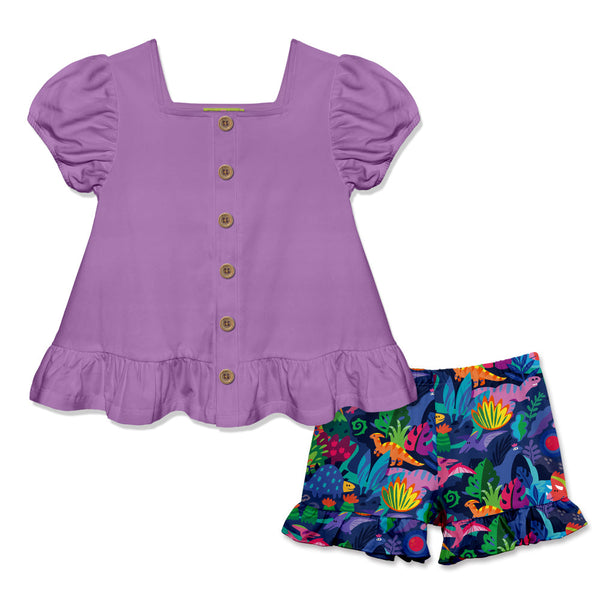 Purple Puff-Sleeve Top & Dino Dynamic Ruffle Shorts