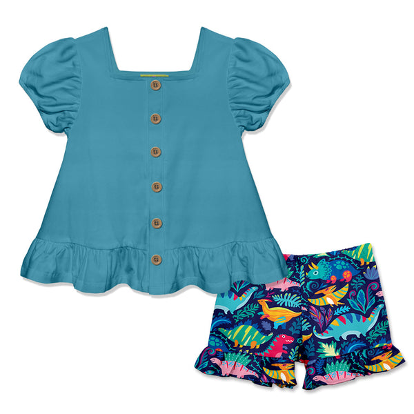 Turquoise Puff-Sleeve Top & Dino Dynamic Ruffle Shorts