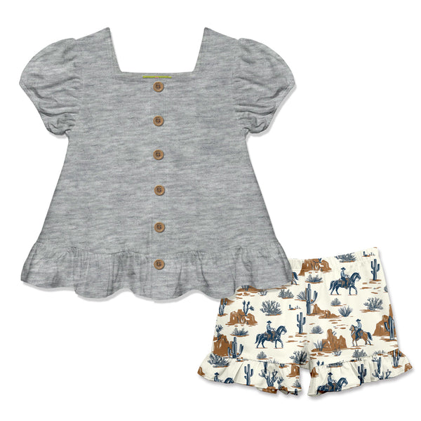 Kids Gray Heather Puff-Sleeve Top & Western Frontier Ruffle Shorts