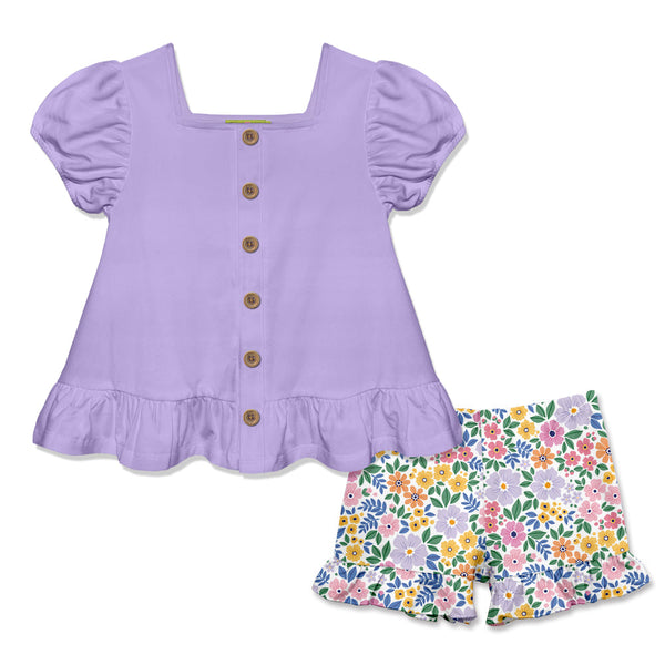 Kids Orchid Petal Puff-Sleeve Top & Spring Bouquet  Ruffle Shorts