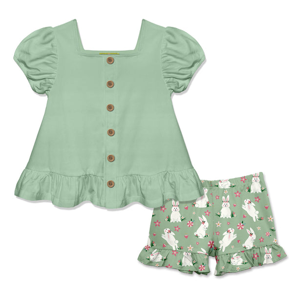 Kids Sage Puff-Sleeve Top & Bunny Hop Ruffle Shorts