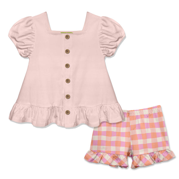 Kids Light Pink Puff-Sleeve Top & Wavy Check Shorts
