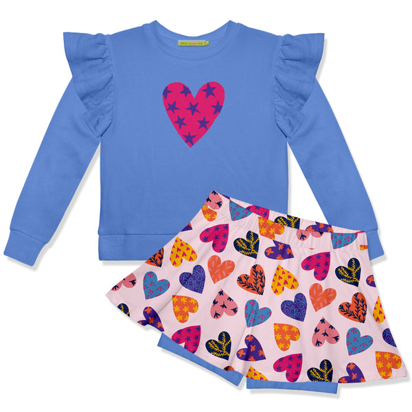 Marina Blue Angel-Sleeve Top & Pink Falling Hearts Skort