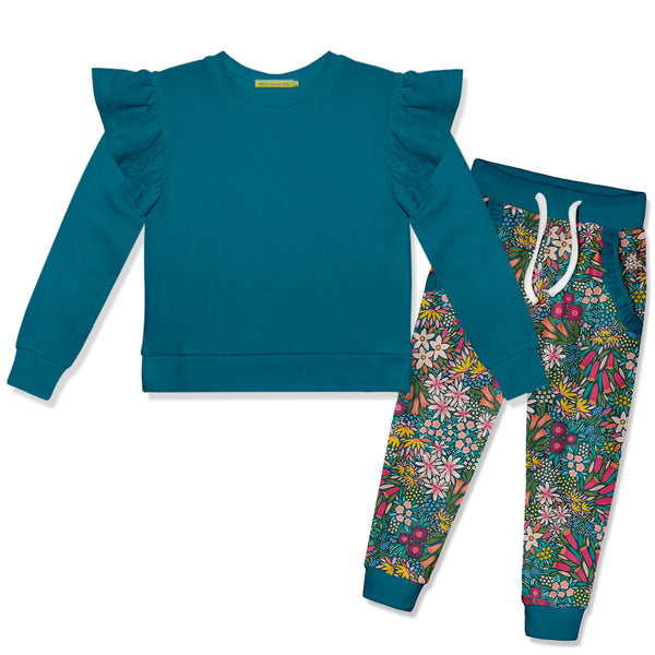 Teal Angel-Sleeve Top & Velour Australian Flowers Joggers