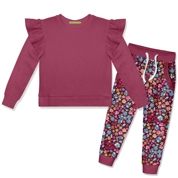 Slate Rose Angel-Sleeve Top & Velour Berry Floral Joggers