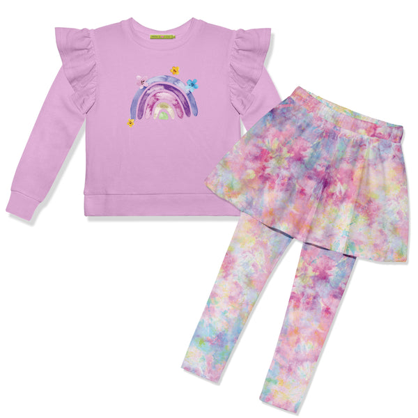 Lilac Rainbow Angel-Sleeve Top & Candy Tie-Dye Skirted Leggings