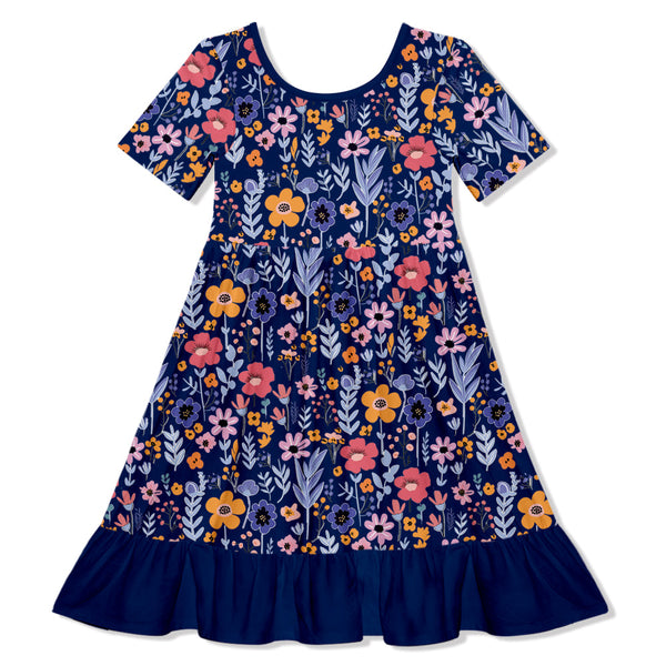 Navy BTS Floral Ruffle-Hem Dress