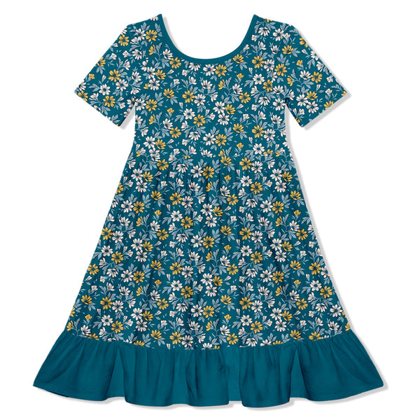 Teal Susie Floral Ruffle-Hem Dress