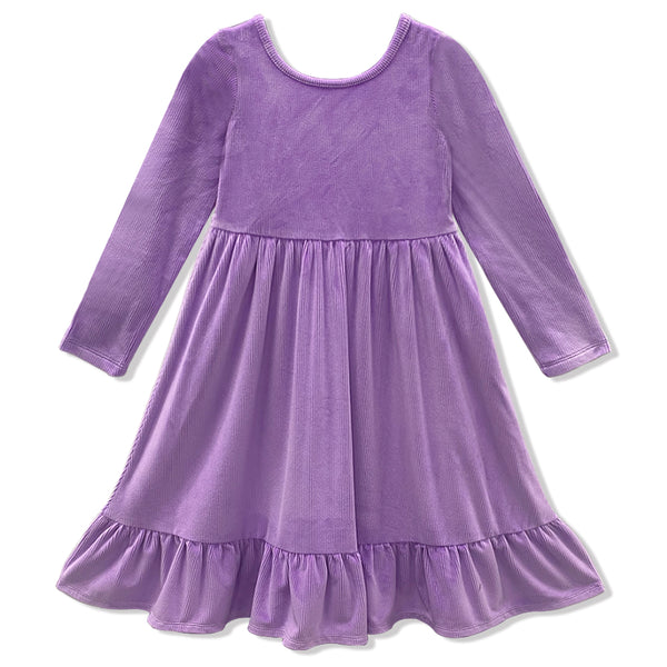 Millie Loves Lily Girls'Purple Rib Velour Long Sleeve Dress With Ruffle