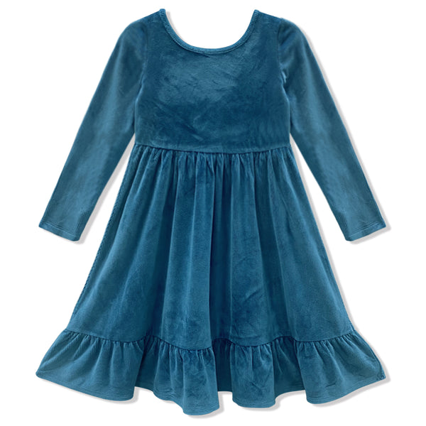Millie Loves Lily Girls'Teal Rib Velour Long Sleeve Dress With Ruffle