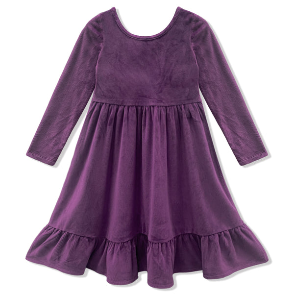 Plum Velour Ruffle-Hem Dress