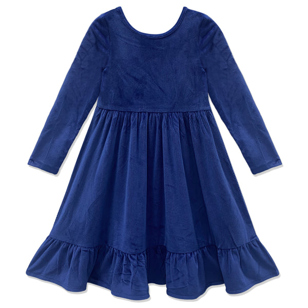 Navy Velour Ruffle-Hem Dress